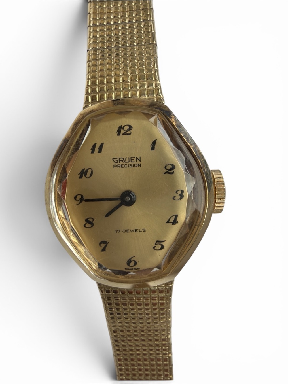Vintage Gruen Precision 17 Jewels 14k Gold Watch 10k Plated Band 7.5” Heirloom